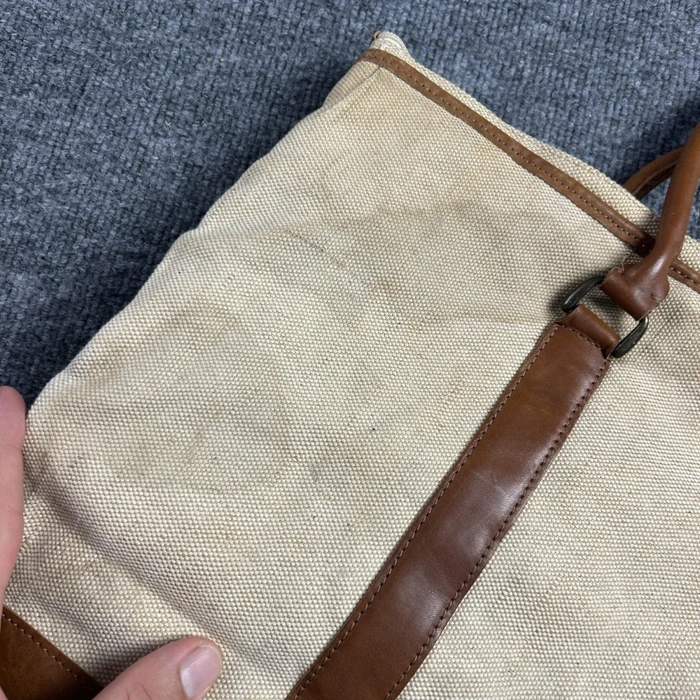 LL Bean Beige 23in Canvas Mens Tote Bag Leather Trim Travel Weekend Work